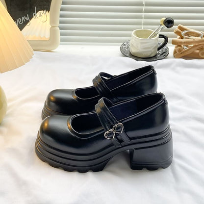 Platform Double Strap Heart Buckled Genuine Leather Mary Jane Shoes