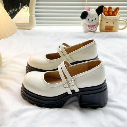 Platform Double Strap Heart Buckled Genuine Leather Mary Jane Shoes