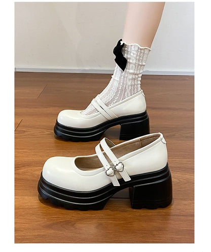 Platform Double Strap Heart Buckled Genuine Leather Mary Jane Shoes