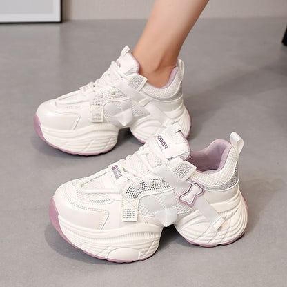 Platform Mesh Panel Rhinestone Lace-Up Faux Leather Sneakers