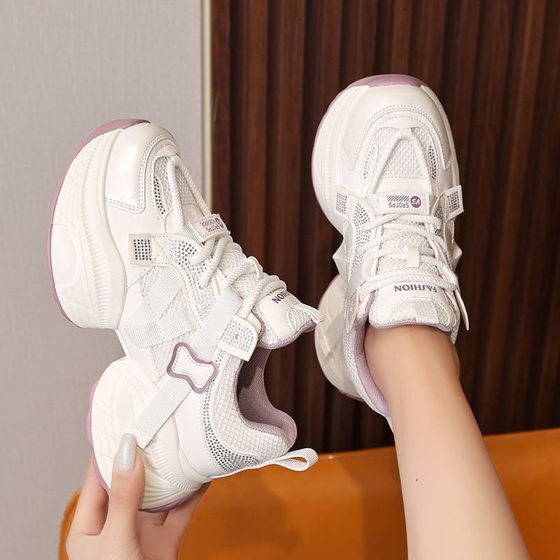 Platform Mesh Panel Rhinestone Lace-Up Faux Leather Sneakers