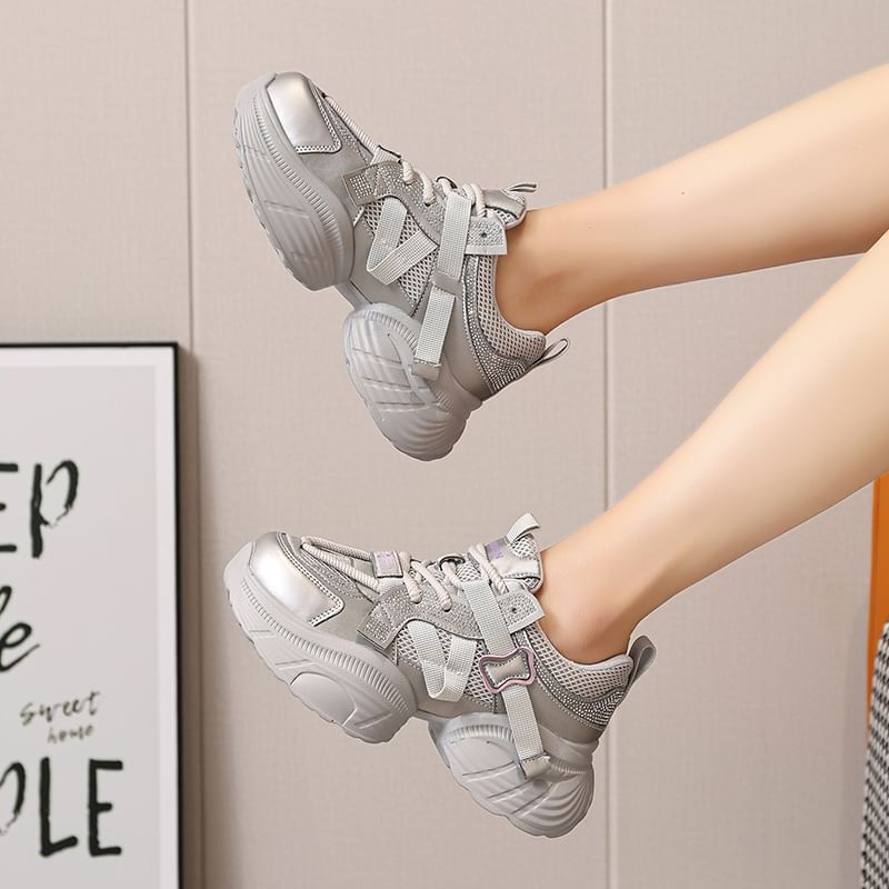 Platform Mesh Panel Rhinestone Lace-Up Faux Leather Sneakers