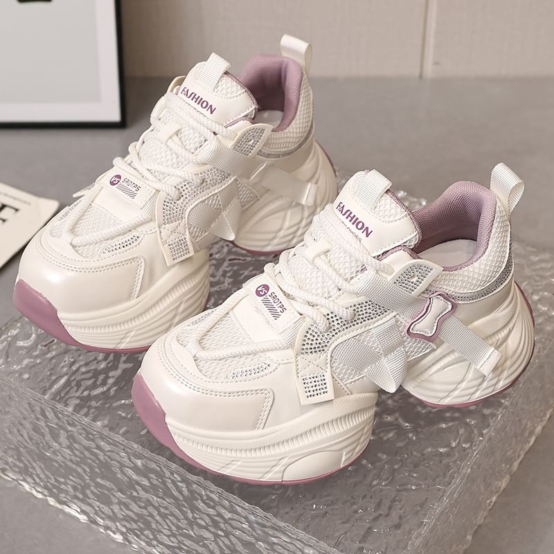 Platform Mesh Panel Rhinestone Lace-Up Faux Leather Sneakers