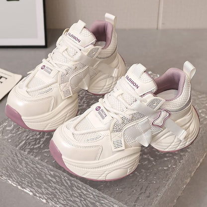 Platform Mesh Panel Rhinestone Lace-Up Faux Leather Sneakers