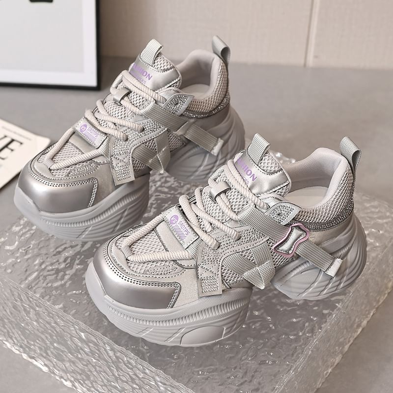 Platform Mesh Panel Rhinestone Lace-Up Faux Leather Sneakers