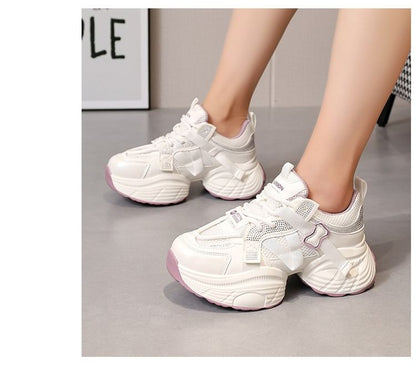 Platform Mesh Panel Rhinestone Lace-Up Faux Leather Sneakers
