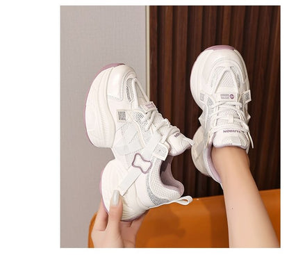 Platform Mesh Panel Rhinestone Lace-Up Faux Leather Sneakers