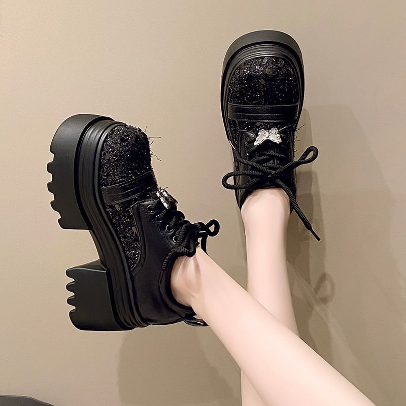 Platform Tweed Panel Lace-Up Faux Leather Brogue Shoes