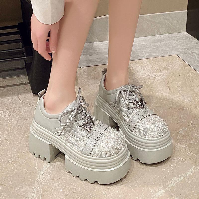 Platform Tweed Panel Lace-Up Faux Leather Brogue Shoes