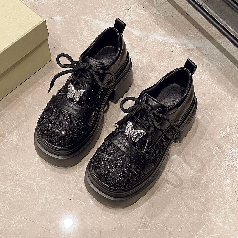 Platform Tweed Panel Lace-Up Faux Leather Brogue Shoes