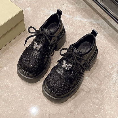 Platform Tweed Panel Lace-Up Faux Leather Brogue Shoes