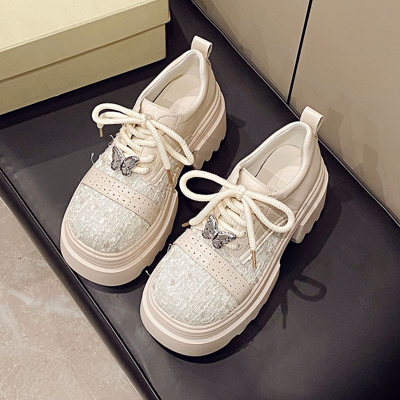 Platform Tweed Panel Lace-Up Faux Leather Brogue Shoes