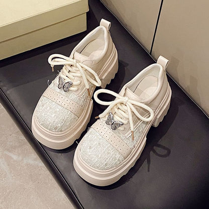 Platform Tweed Panel Lace-Up Faux Leather Brogue Shoes