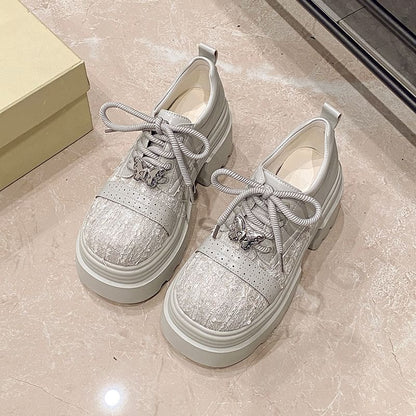 Platform Tweed Panel Lace-Up Faux Leather Brogue Shoes