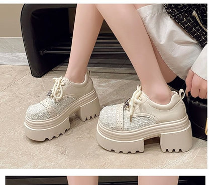 Platform Tweed Panel Lace-Up Faux Leather Brogue Shoes