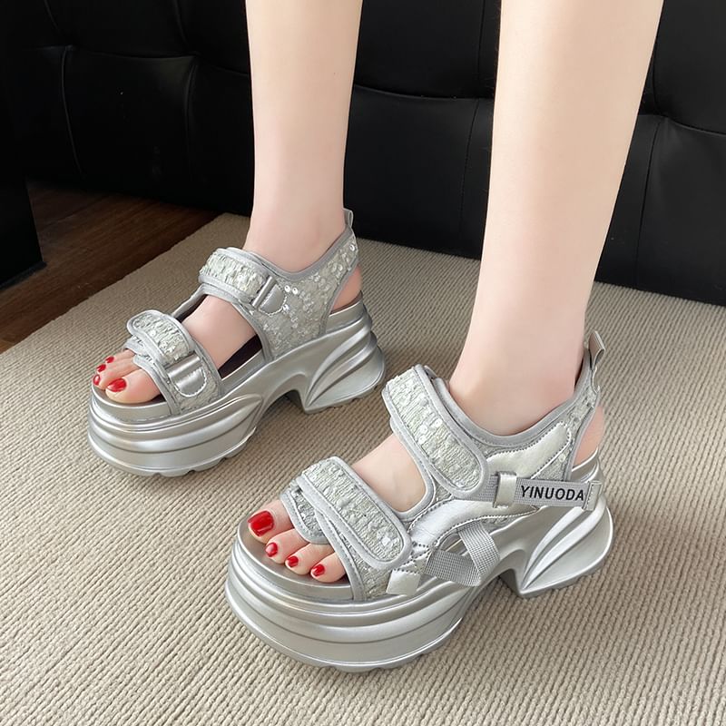 Platform Adhesive Strap Sequin Slingback Sandals