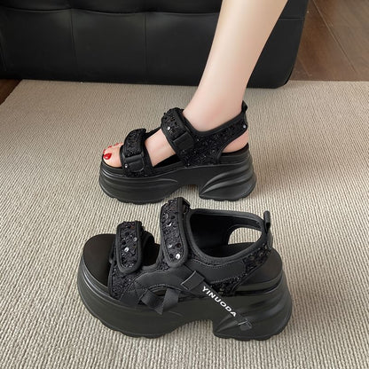 Platform Adhesive Strap Sequin Slingback Sandals