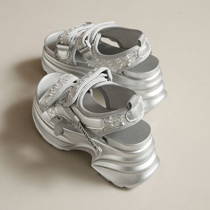 Platform Adhesive Strap Sequin Slingback Sandals