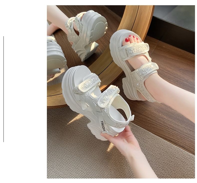 Platform Adhesive Strap Sequin Slingback Sandals
