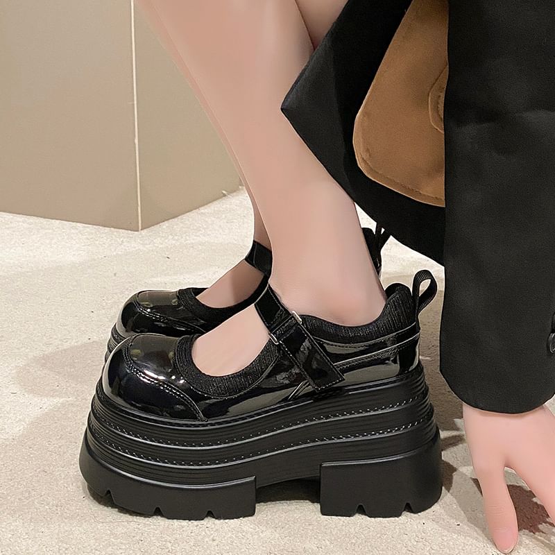 Platform Adhesive Strap Faux Leather Mary Jane Shoes