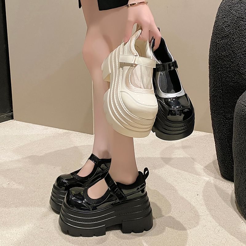 Platform Adhesive Strap Faux Leather Mary Jane Shoes