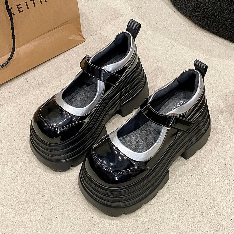 Platform Adhesive Strap Faux Leather Mary Jane Shoes