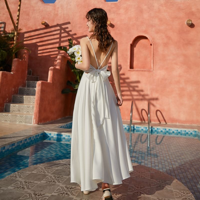 V-Neck Backless Maxi A-Line Dress with Spaghetti Straps