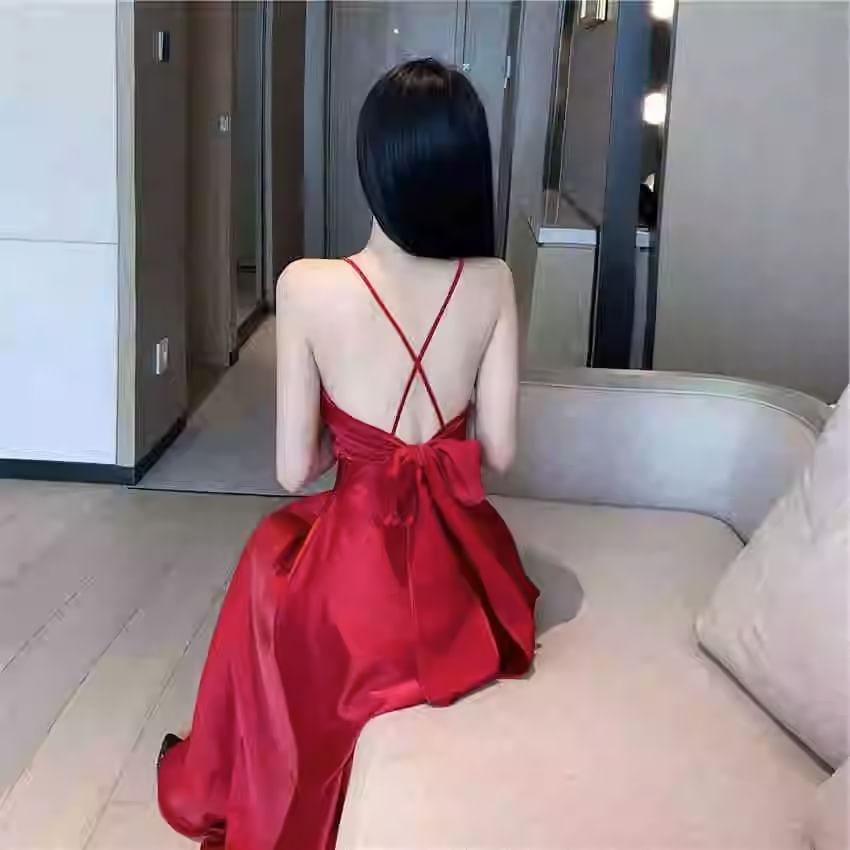 V-Neck Backless Maxi A-Line Dress with Spaghetti Straps