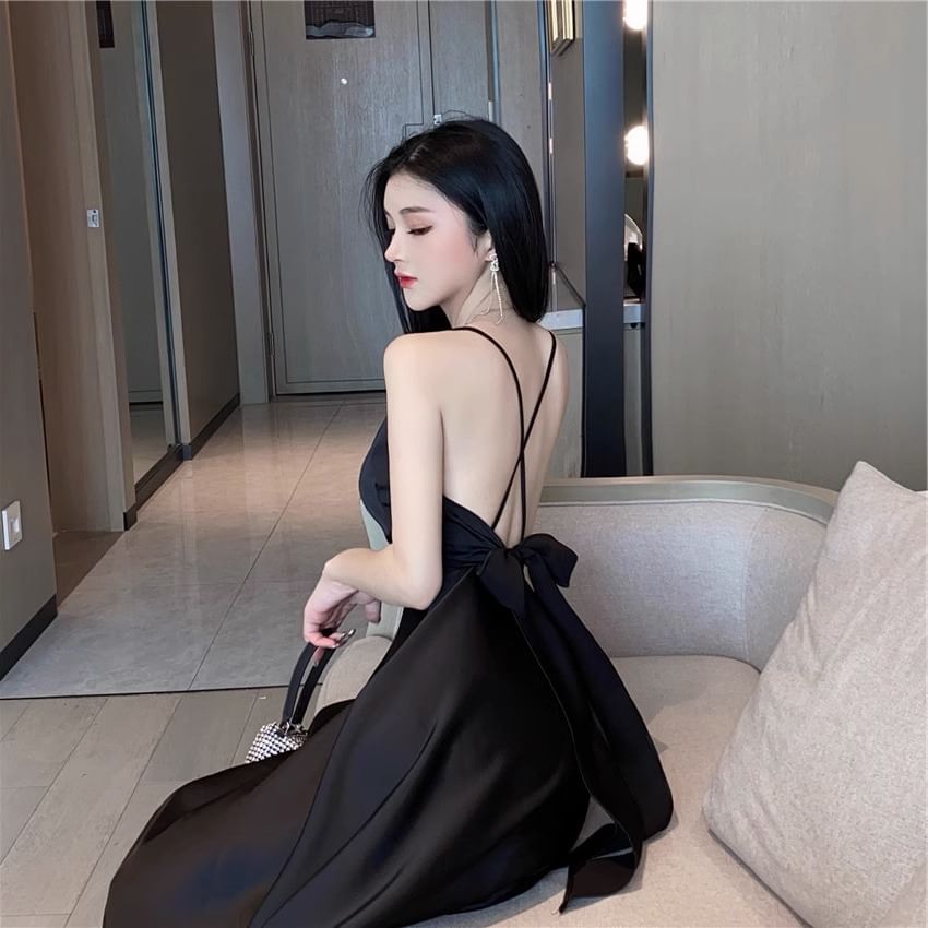 V-Neck Backless Maxi A-Line Dress with Spaghetti Straps