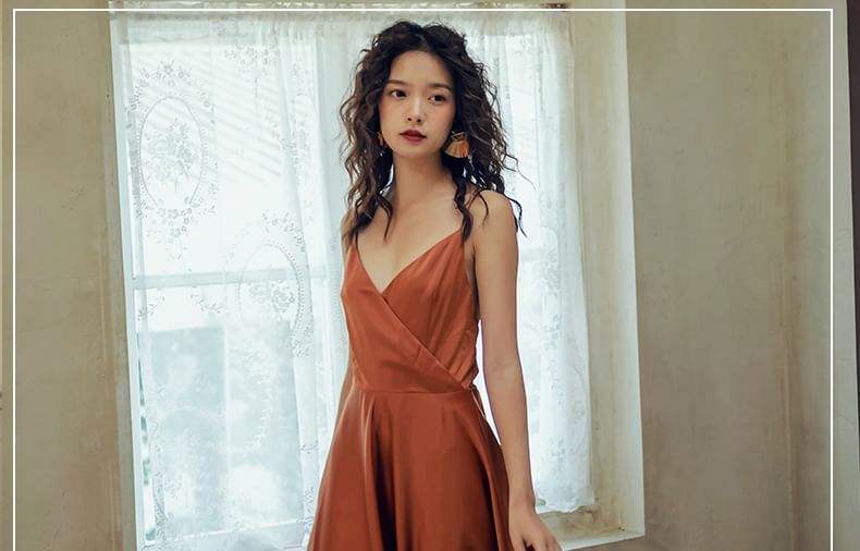 V-Neck Backless Maxi A-Line Dress with Spaghetti Straps