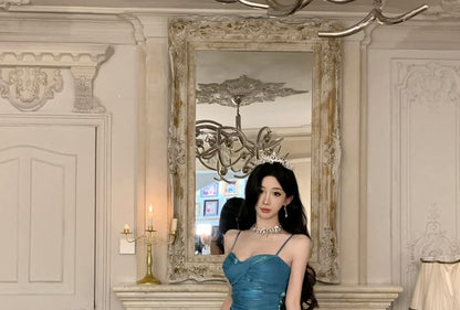 Evening Neck Ruched Plain Scoop Spaghetti Strap gown Mermaid