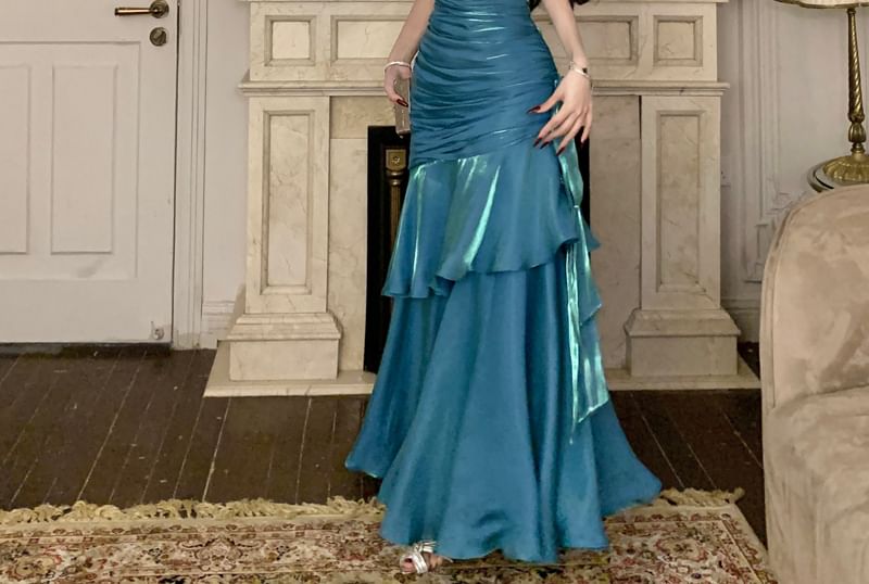 Evening Neck Ruched Plain Scoop Spaghetti Strap gown Mermaid