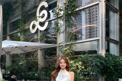 Sleeveless Halter Neck Plain Crop Top / High Rise Plain Wide Leg Pants