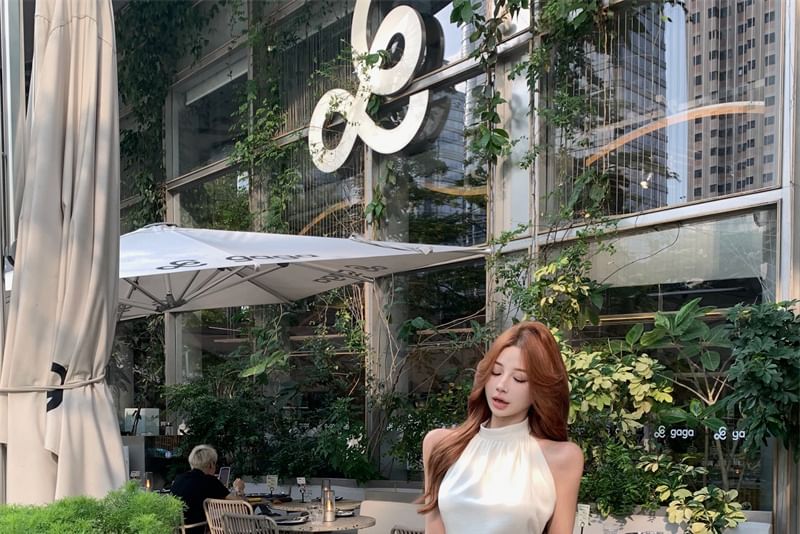 Sleeveless Halter Neck Plain Crop Top / High Rise Plain Wide Leg Pants