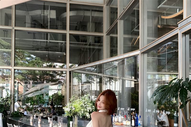 Sleeveless Halter Neck Plain Crop Top / High Rise Plain Wide Leg Pants