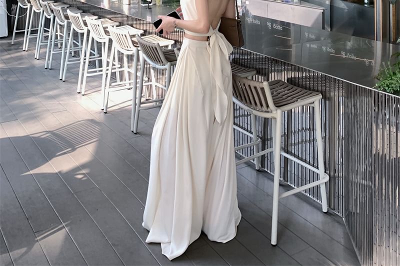 Sleeveless Halter Neck Plain Crop Top / High Rise Plain Wide Leg Pants