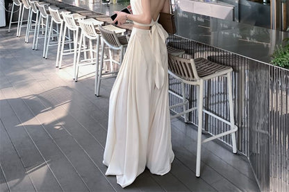 Sleeveless Halter Neck Plain Crop Top / High Rise Plain Wide Leg Pants