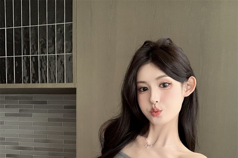 Long-Sleeve Off Shoulder Plain Lace Panel Top