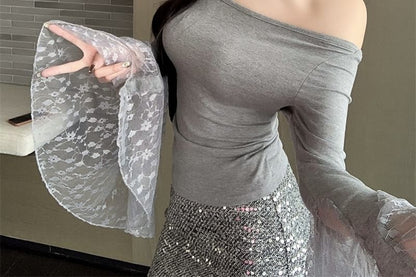 Long-Sleeve Off Shoulder Plain Lace Panel Top