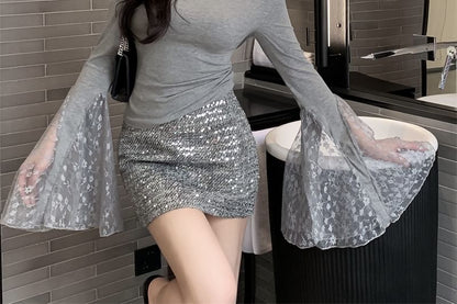 Long-Sleeve Off Shoulder Plain Lace Panel Top