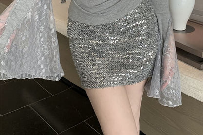 Long-Sleeve Off Shoulder Plain Lace Panel Top