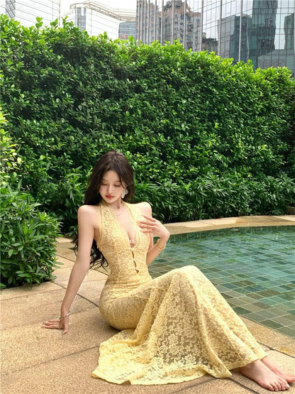 Halter V-Neck Lace Mermaid Evening Gown