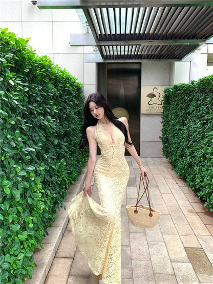 Halter V-Neck Lace Mermaid Evening Gown