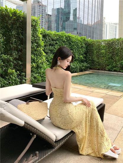 Halter V-Neck Lace Mermaid Evening Gown