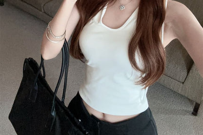 Sleeveless V-Neck Hooded Plain Crop Top