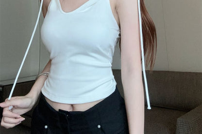 Sleeveless V-Neck Hooded Plain Crop Top