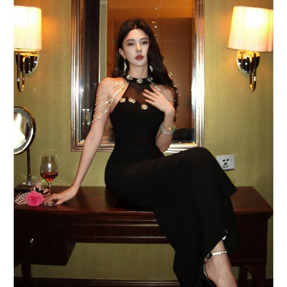 Sleeveless Crew Neck Plain Rhinestone Chained Panel Mesh Trumpet Evening Dress