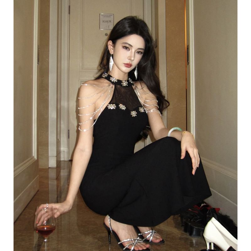 Sleeveless Crew Neck Plain Rhinestone Chained Panel Mesh Trumpet Evening Dress