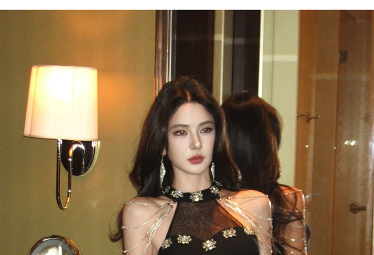 Sleeveless Crew Neck Plain Rhinestone Chained Panel Mesh Trumpet Evening Dress