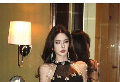 Sleeveless Crew Neck Plain Rhinestone Chained Panel Mesh Trumpet Evening Dress